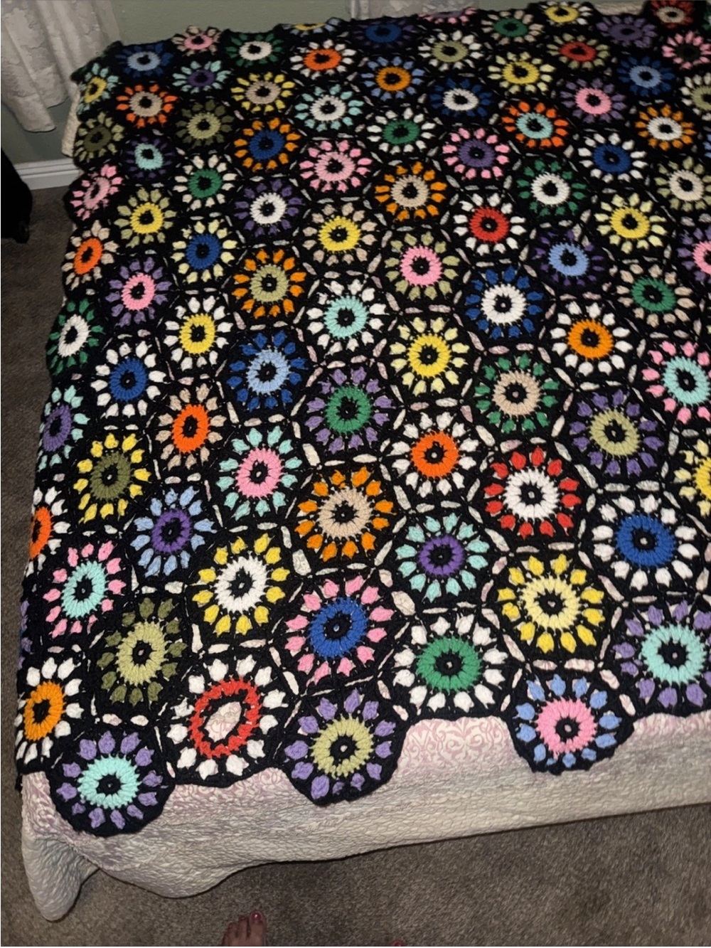 Handmade Multicolor Crochet Throw Blanket - Black Background